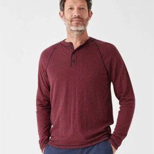 Faherty Mens Cloud‎ Long Sleeve Henley Red Blue Cumberland Stripe Pima Cotton